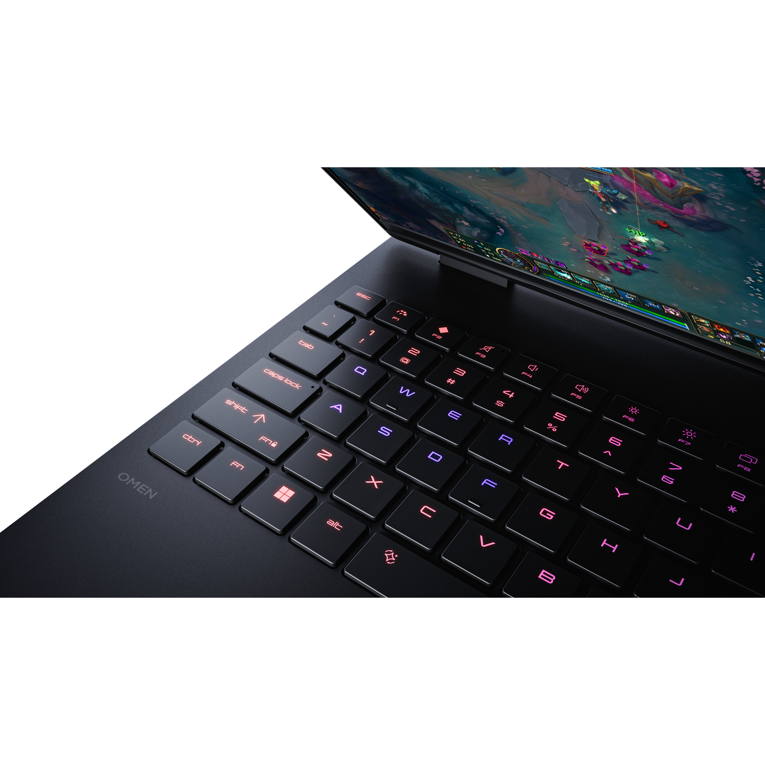 Close-up of a black OMEN laptop keyboard with colorful backlit keys and a game on screen.