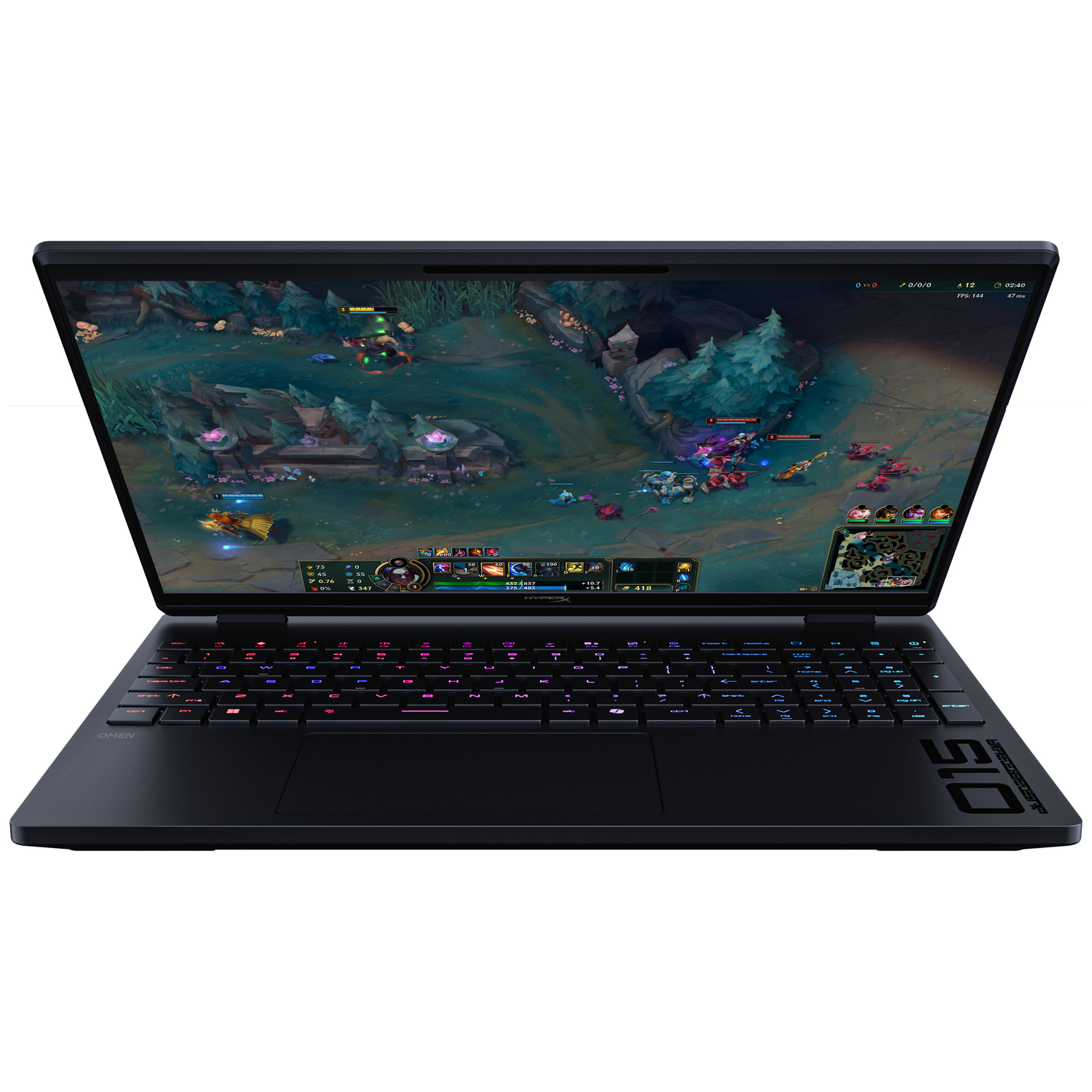 A black HP Omen laptop displaying a game of League of Legends. The keyboard has RGB lighting.