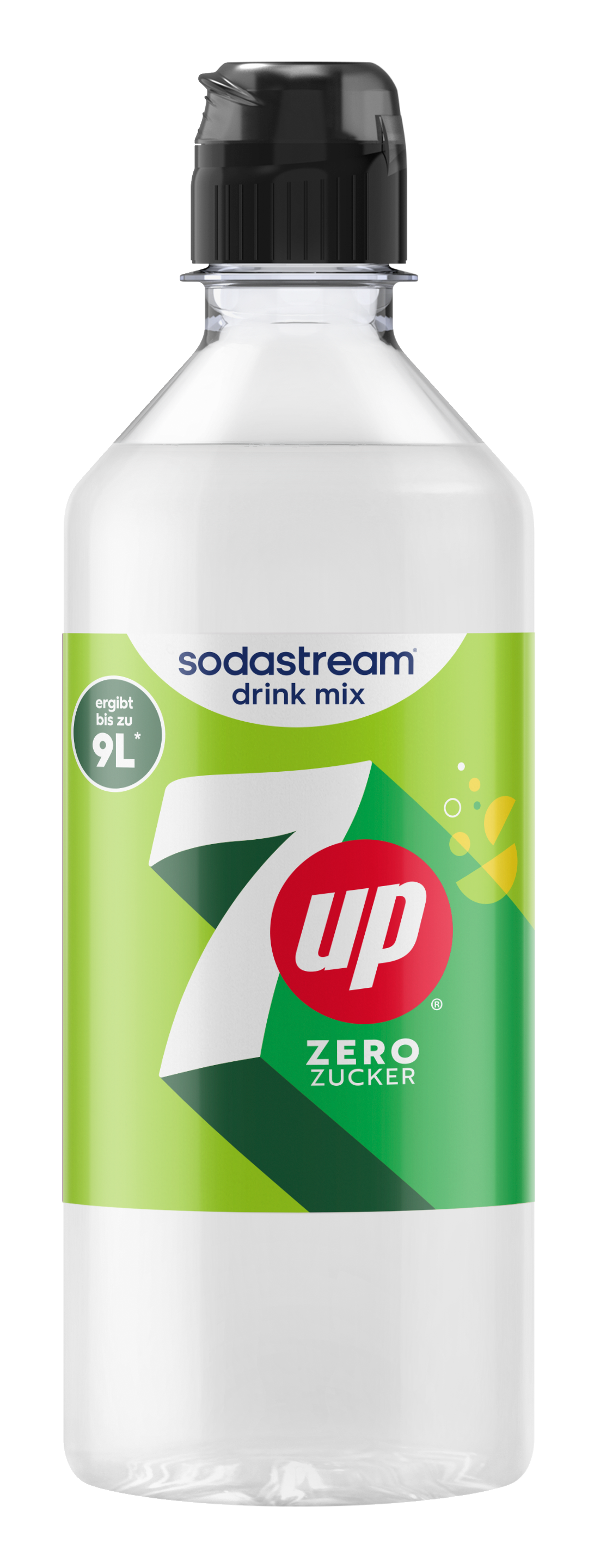 Eine klare Plastikflasche mit Sodastream 7UP Zero Zucker Sirup, grüne und weiße Etiketten.