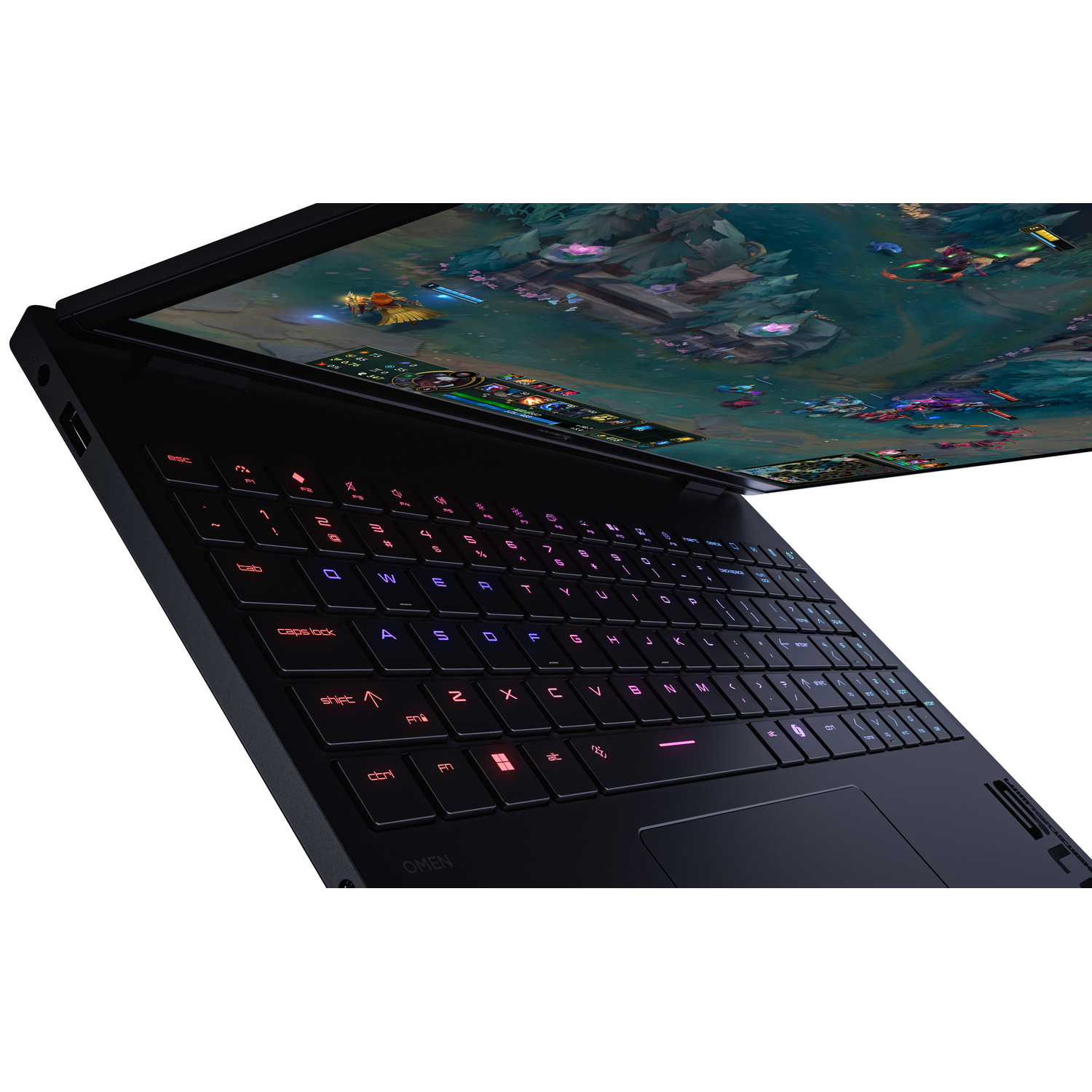 A black laptop with a lit keyboard, displaying a game on screen.