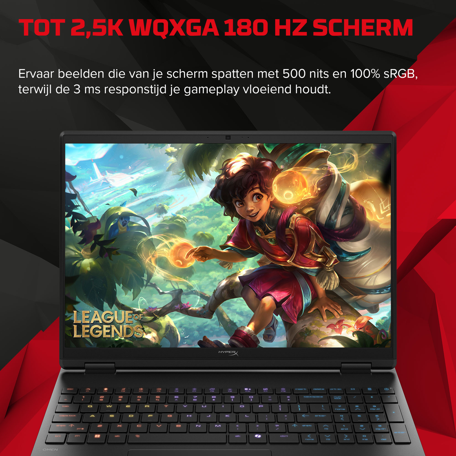 A laptop displays the game League of Legends with a colorful character.