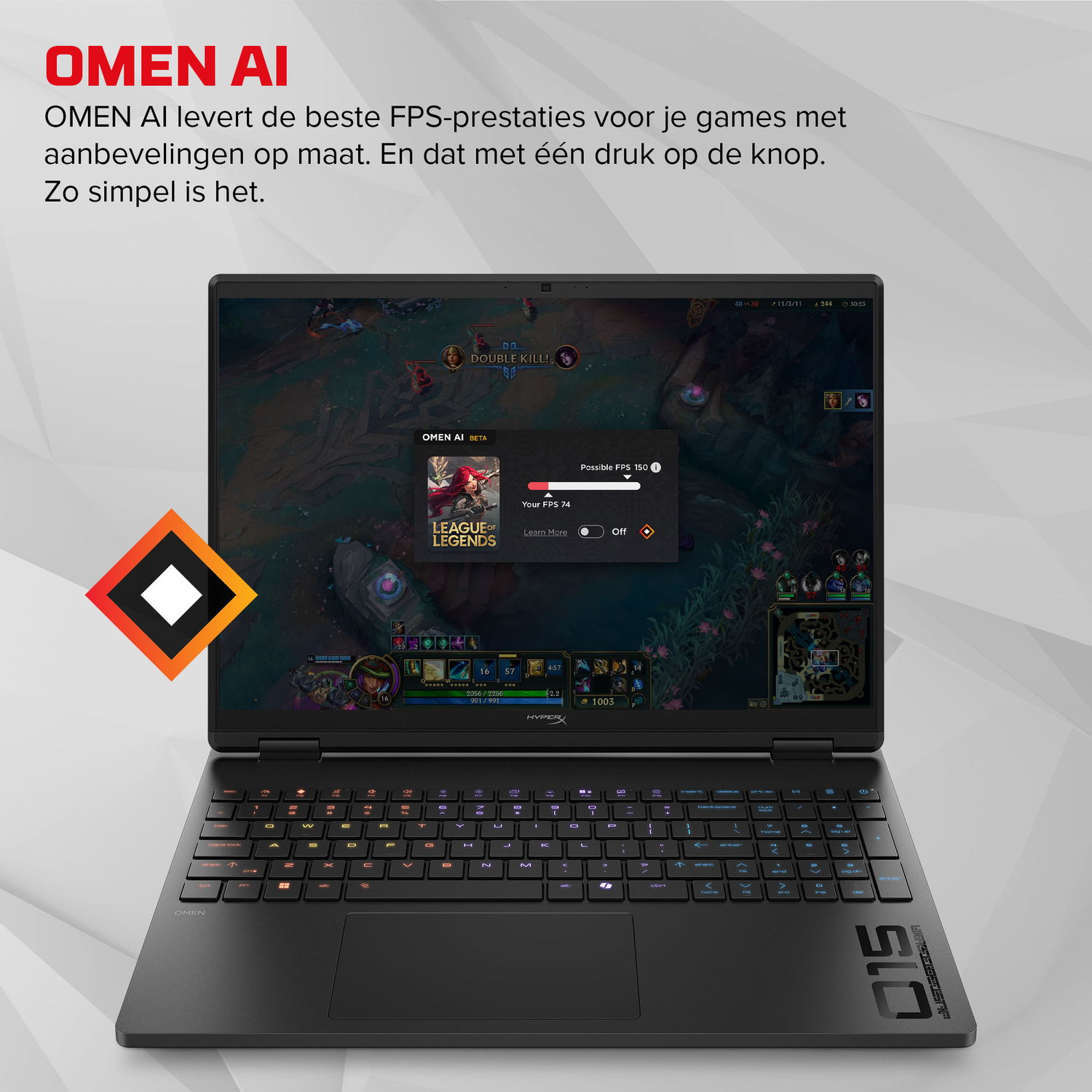 A black OMEN laptop displays League of Legends, with OMEN AI settings on screen.