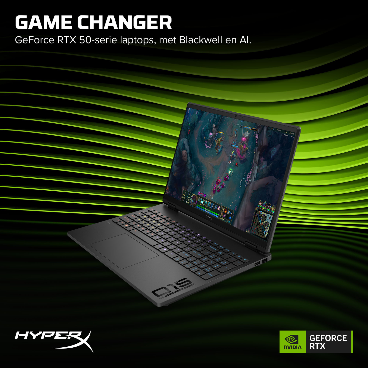 A laptop with a glowing keyboard displays a game. Green lines in the background.