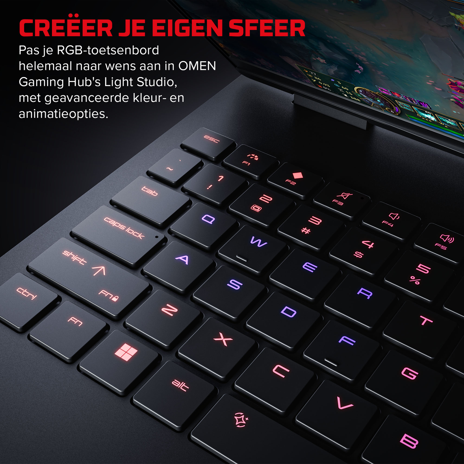 Close-up of a black keyboard with illuminated keys, showing a game.