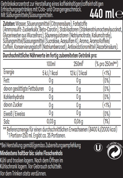 Nährwertangaben und Zutatenliste für ein Getränkekonzentrat mit 440 ml.