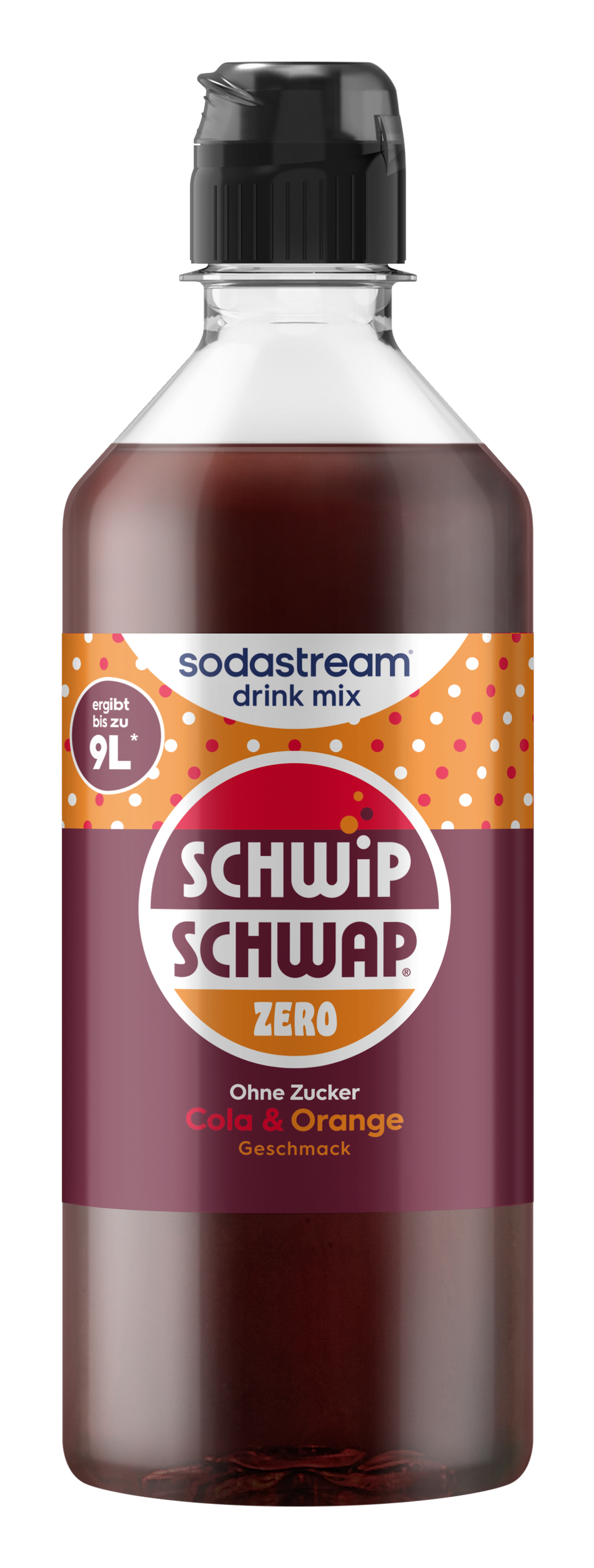 Eine Flasche Sodastream-Getränkemix Cola & Orange Zero mit schwarzem Verschluss.