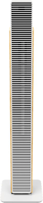 Ein schlanker, vertikaler Lautsprecher mit Holzseiten und einem weißen Gitter.