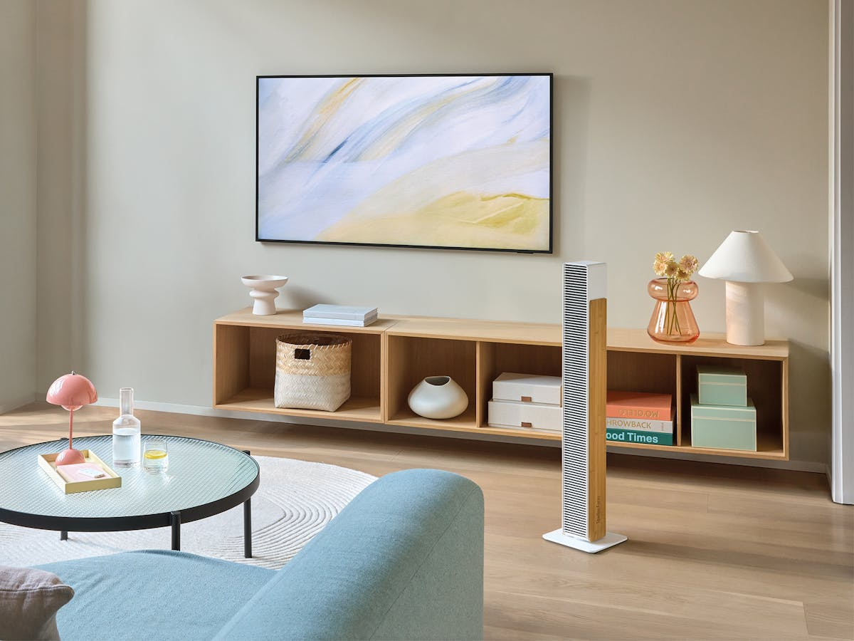 Ein Wohnzimmer mit Fernseher, Regal, Sofa, Lampe und Ventilator.