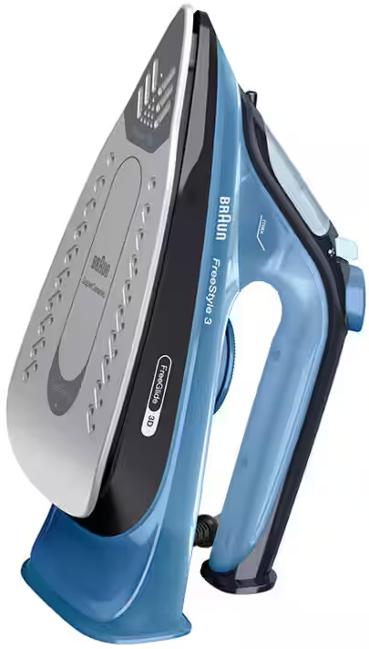 Un ferro da stiro a vapore Braun blu e argento con manico ergonomico.
