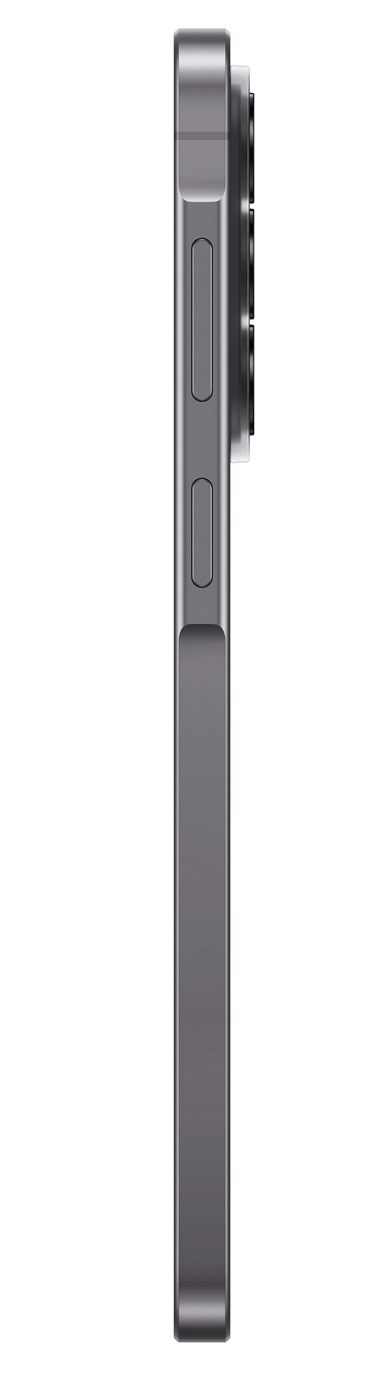 Szary smartfon z boku z widocznymi przyciskami i obiektywem aparatu.