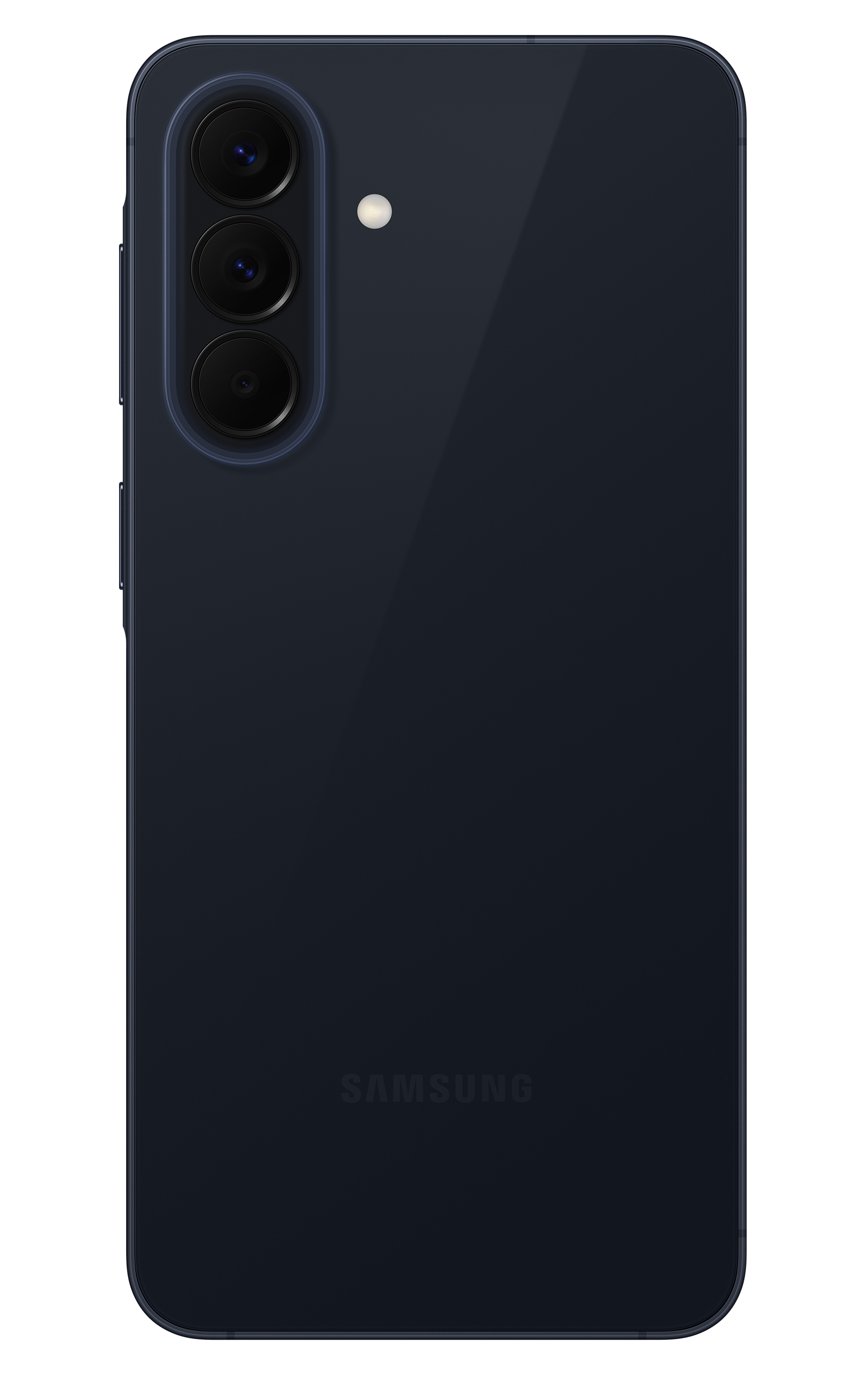 Ciemnoniebieski smartfon Samsung z trzema aparatami i lampą.