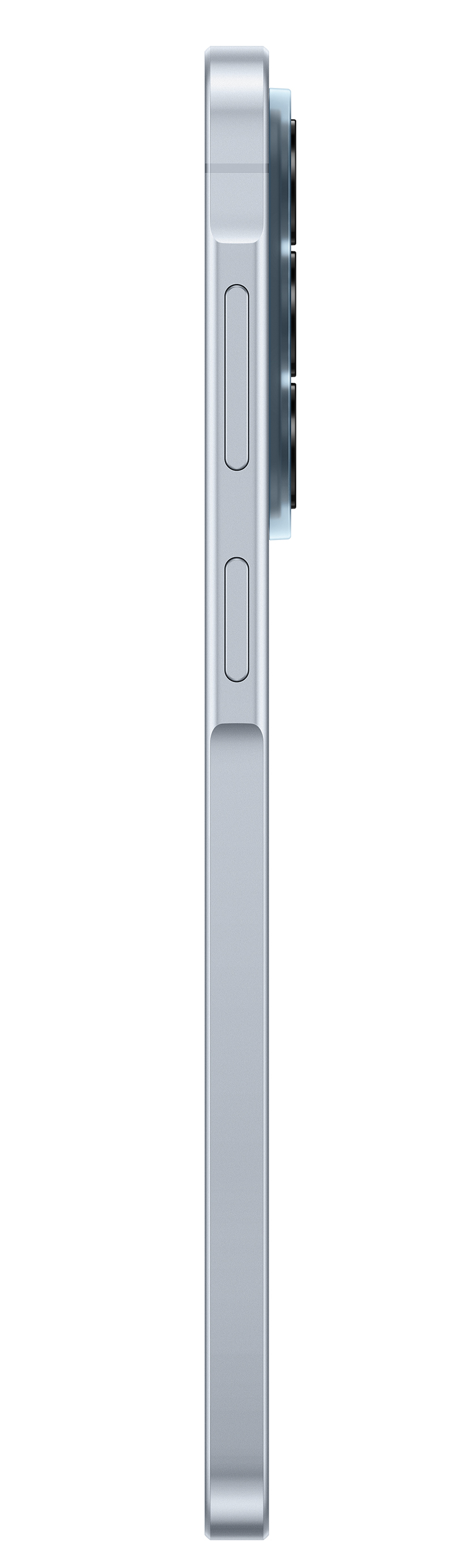 Bok srebrnego smartfona z obiektywami aparatu i przyciskami.