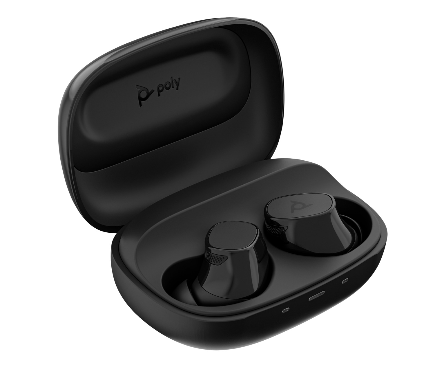 Auriculares negros Poly dentro de un estuche de carga abierto.