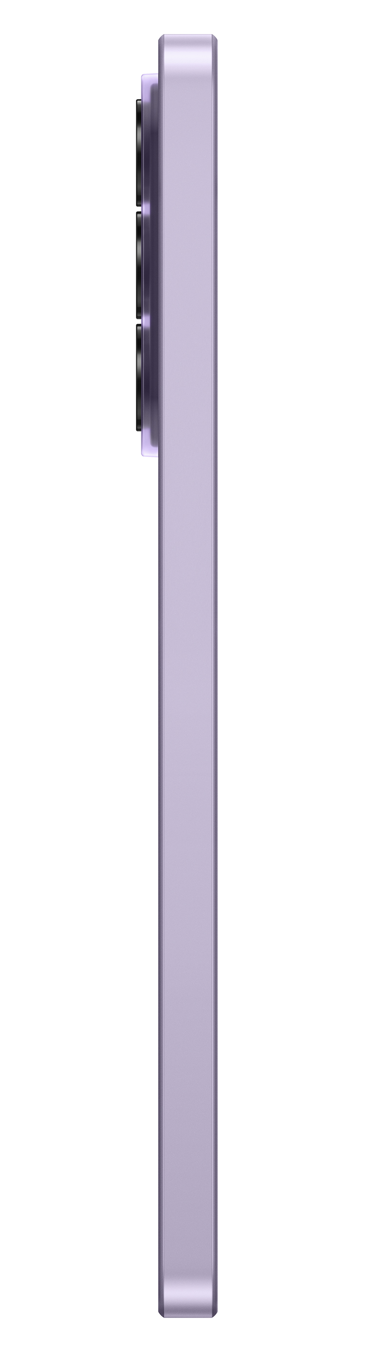 Fioletowy smartfon z trzema tylnymi aparatami, pokazany z boku.