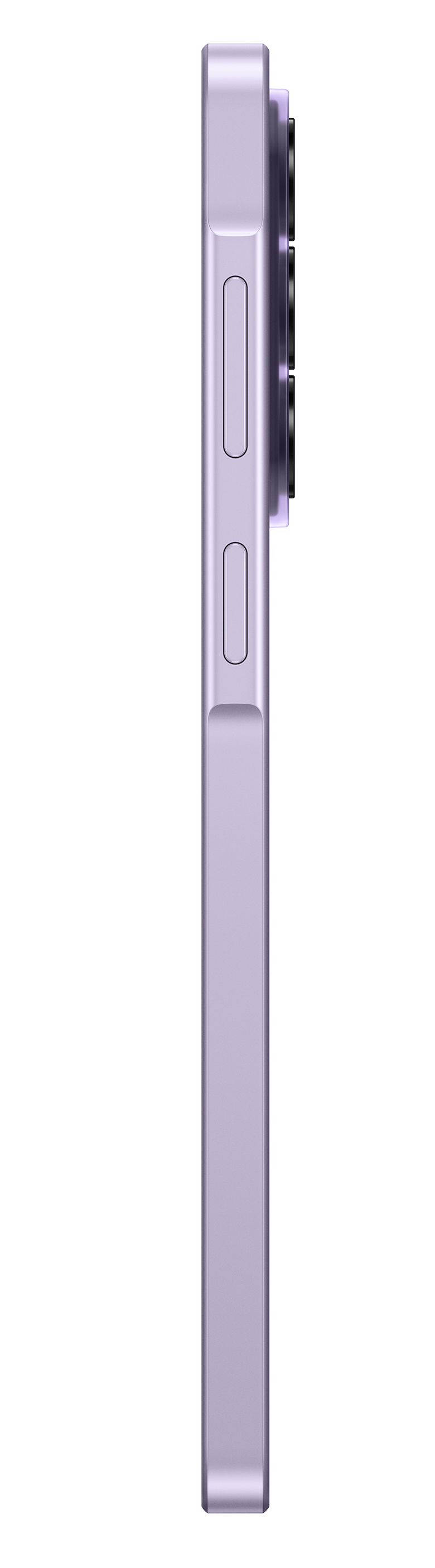 Fioletowy smartfon z boku, z aparatami i przyciskami, na białym tle.