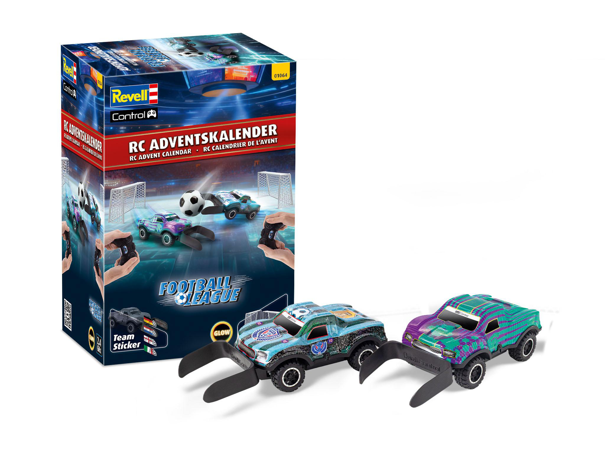 Revell RC Adventskalender mit zwei ferngesteuerten Autos und Fußball-Thema.