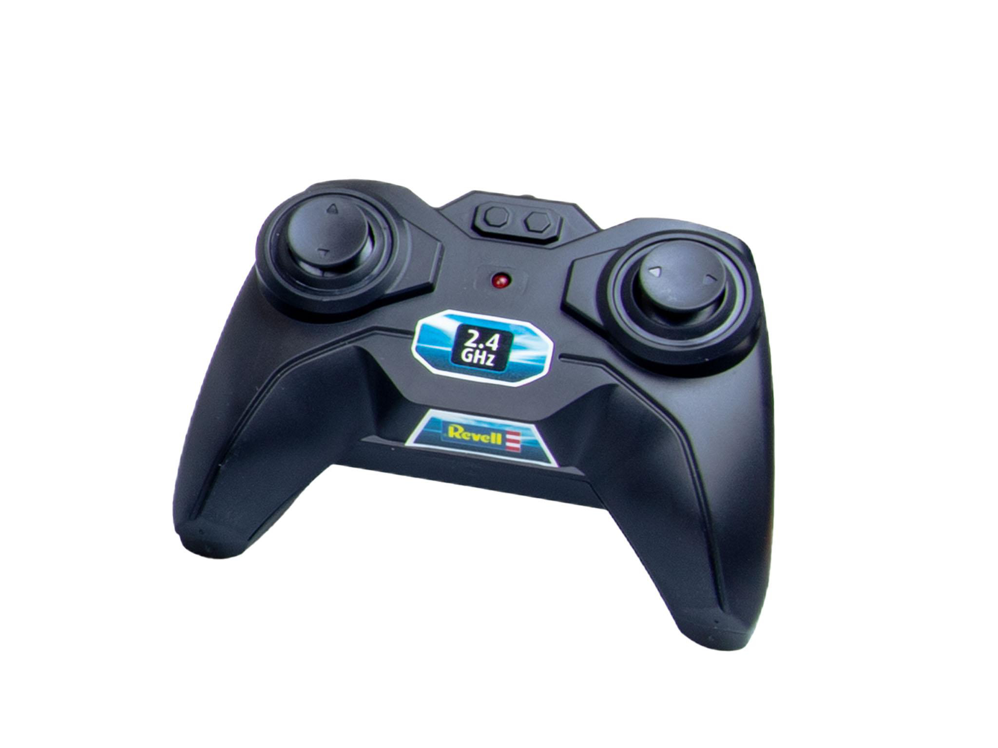 Schwarzer ferngesteuerter Controller mit zwei Joysticks und einem roten Licht.