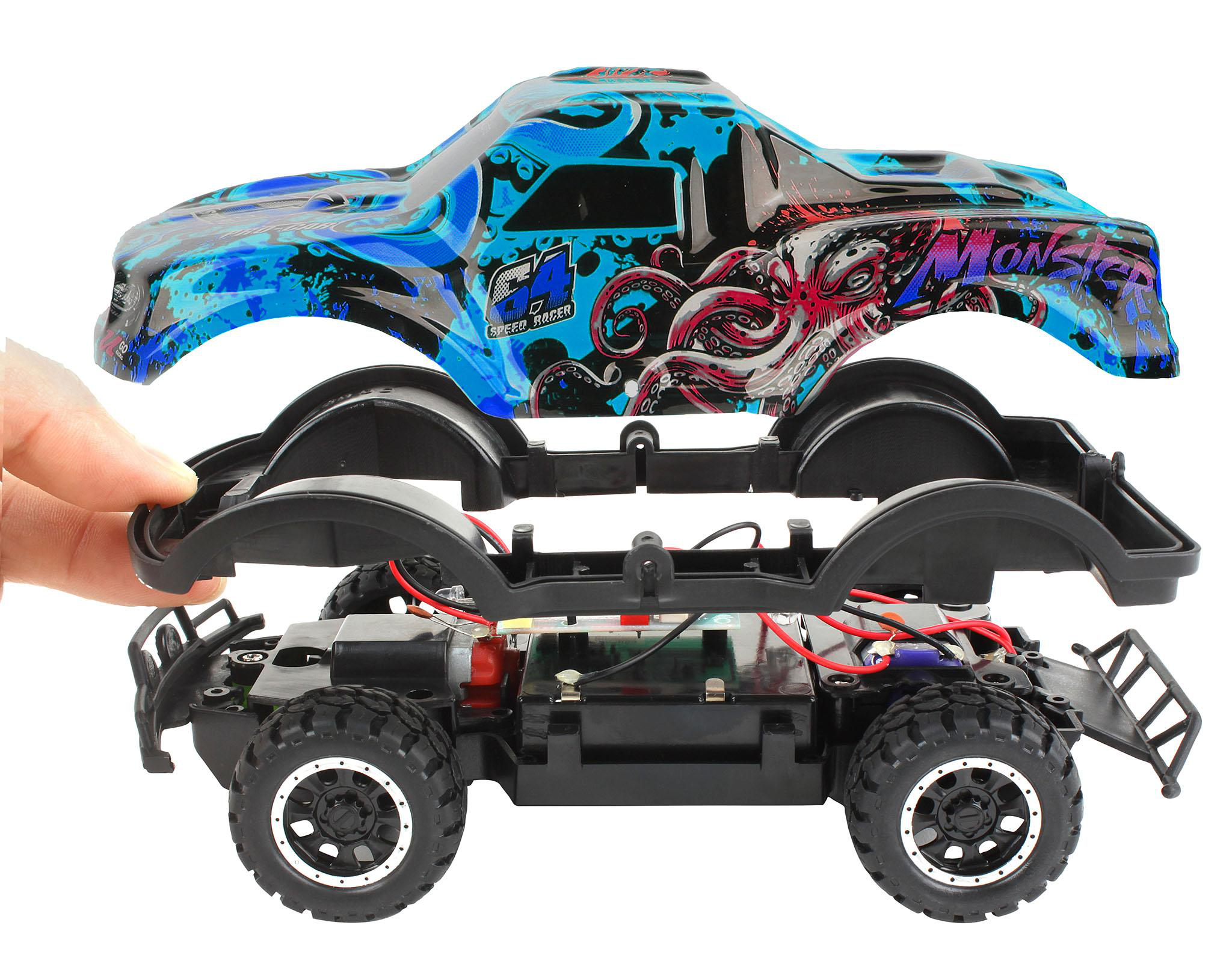 Ein RC-Monster-Truck mit abnehmbarer Karosserie, die mit Kraken und "Monster" bedruckt ist.
