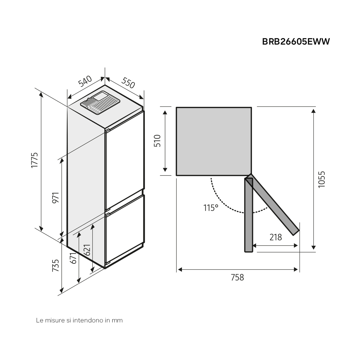 Disegno tecnico di un frigorifero con dimensioni in mm.