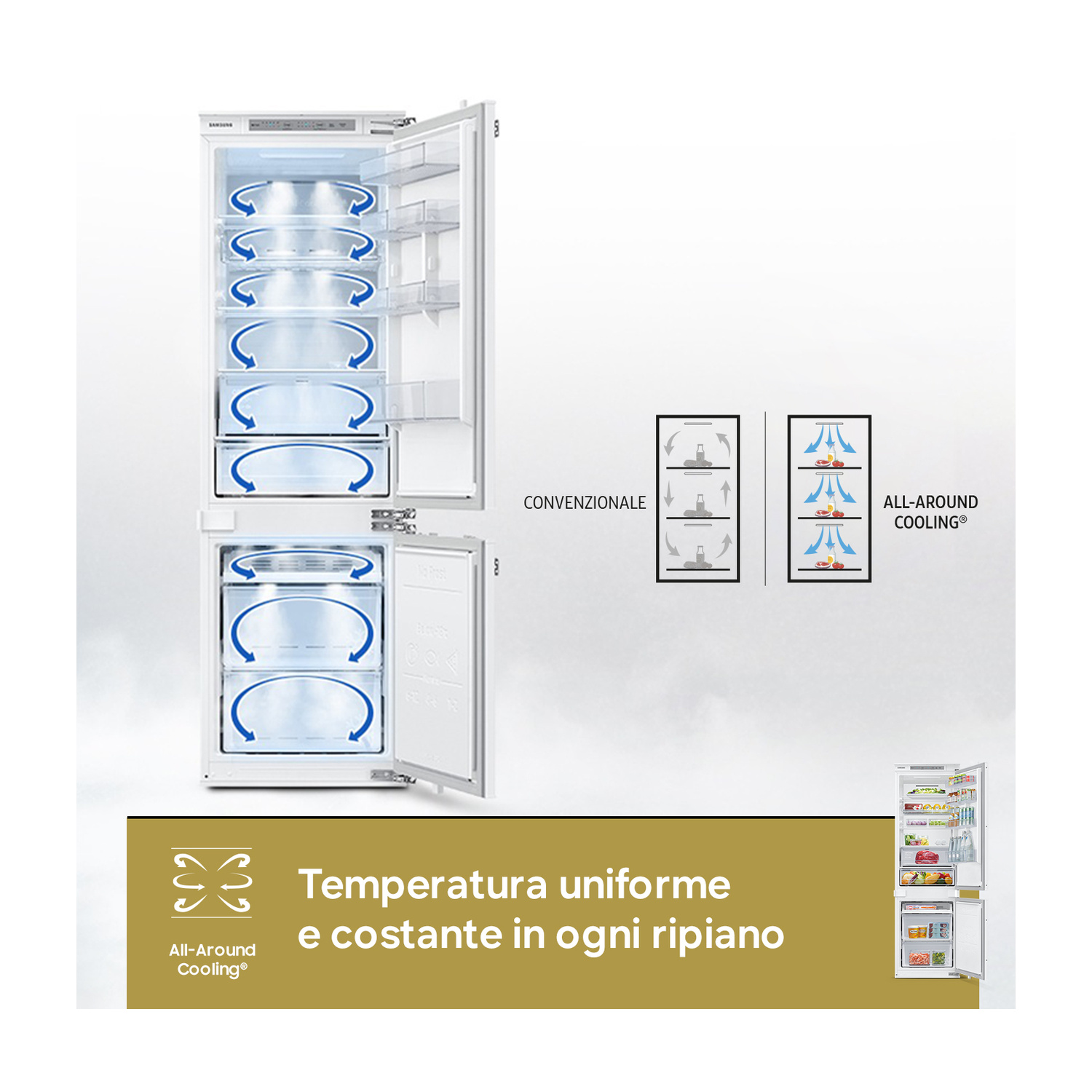 Frigorifero Samsung con vista interna dettagliata e diagrammi flusso freddo.