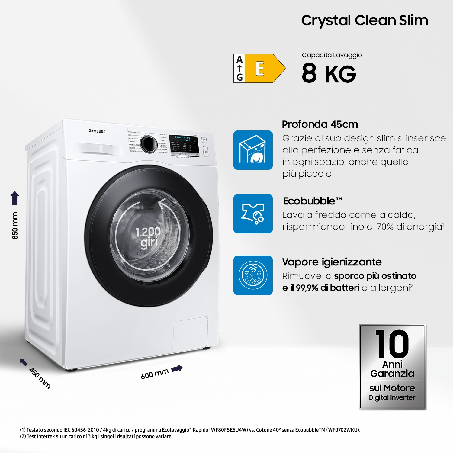 Lavatrice Samsung bianca 8kg, profonda 45cm, classe energetica E.