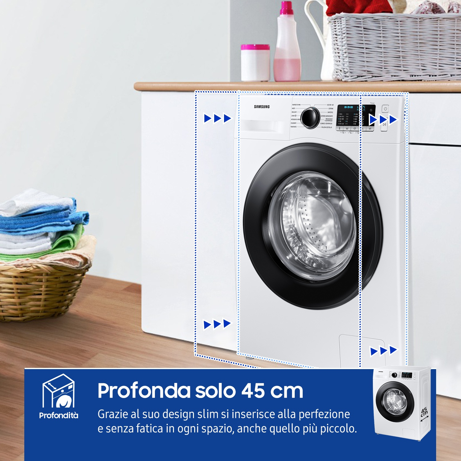 Lavatrice Samsung bianca con oblò nero, accanto cesto biancheria.