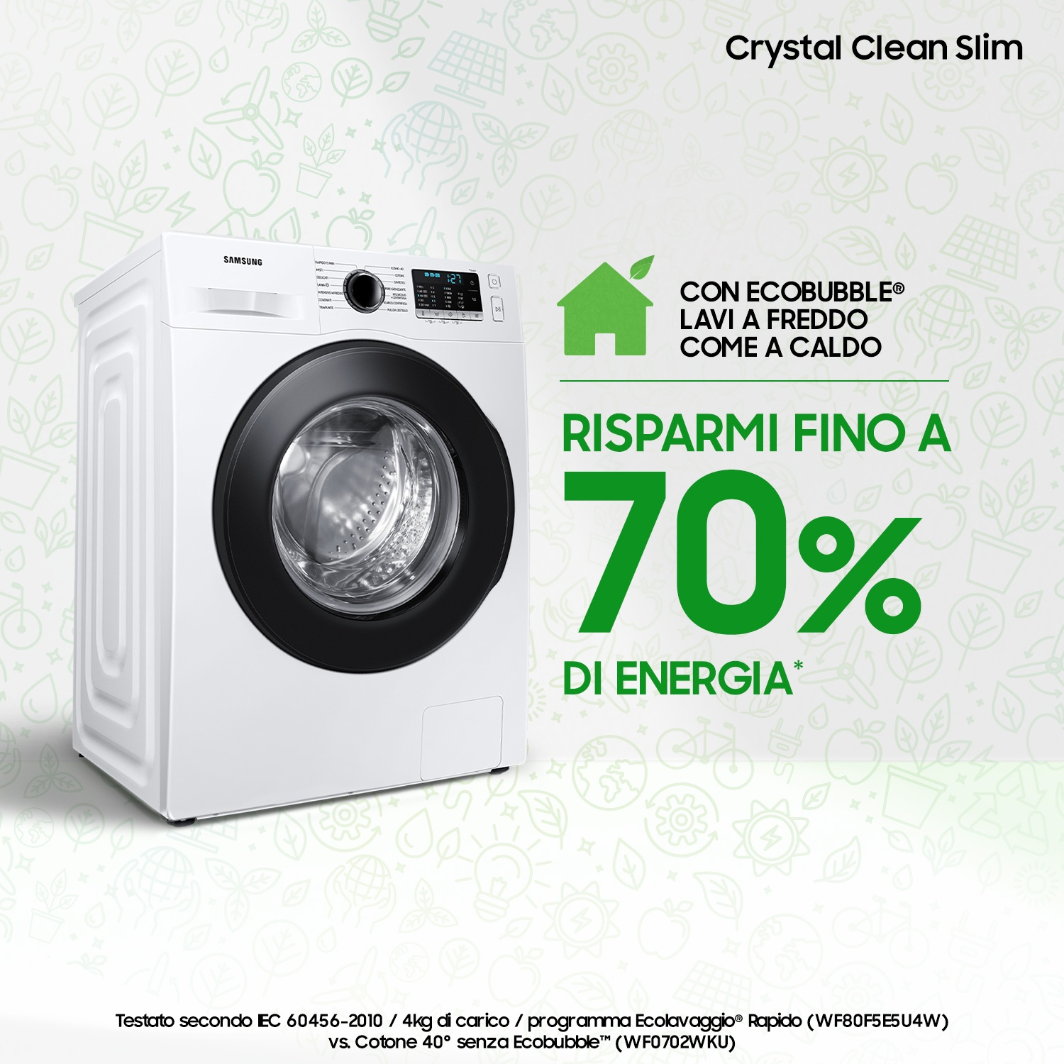 Lavatrice Samsung bianca con tecnologia EcoBubble, risparmia fino al 70% energia.