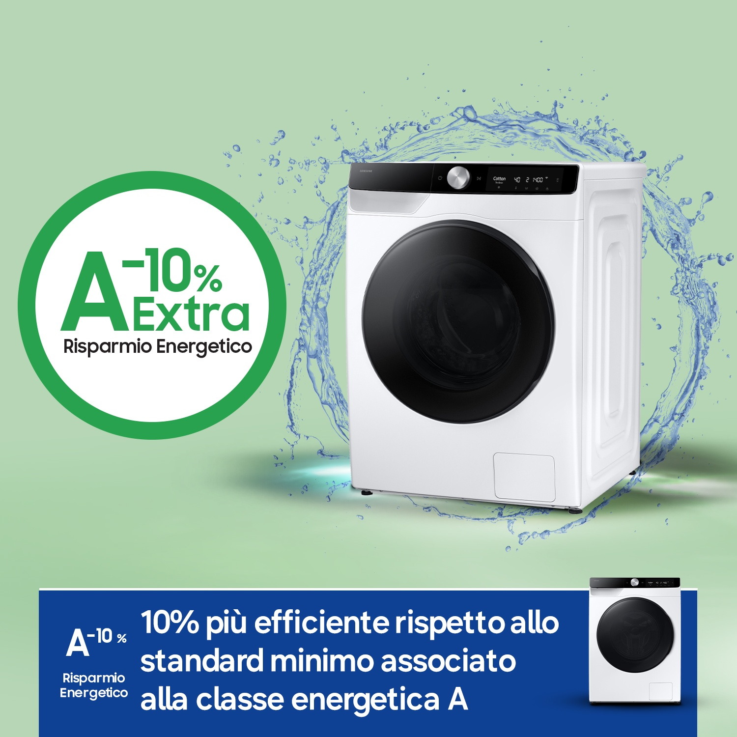 Una lavatrice bianca con un cerchio verde che indica Risparmio Energetico Extra A-10%.