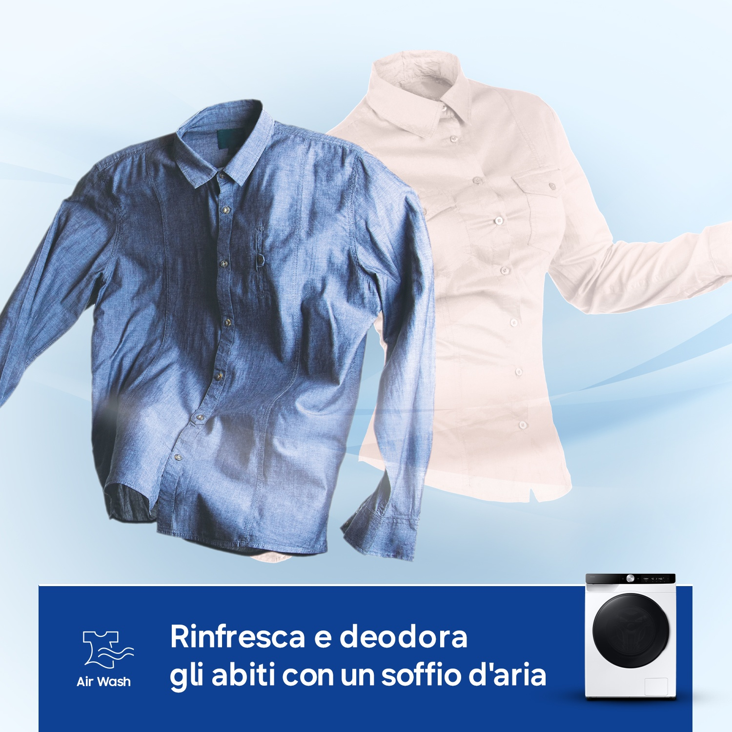 Una camicia blu e una bianca fluttuano su sfondo blu. Lavatrice in basso a destra.