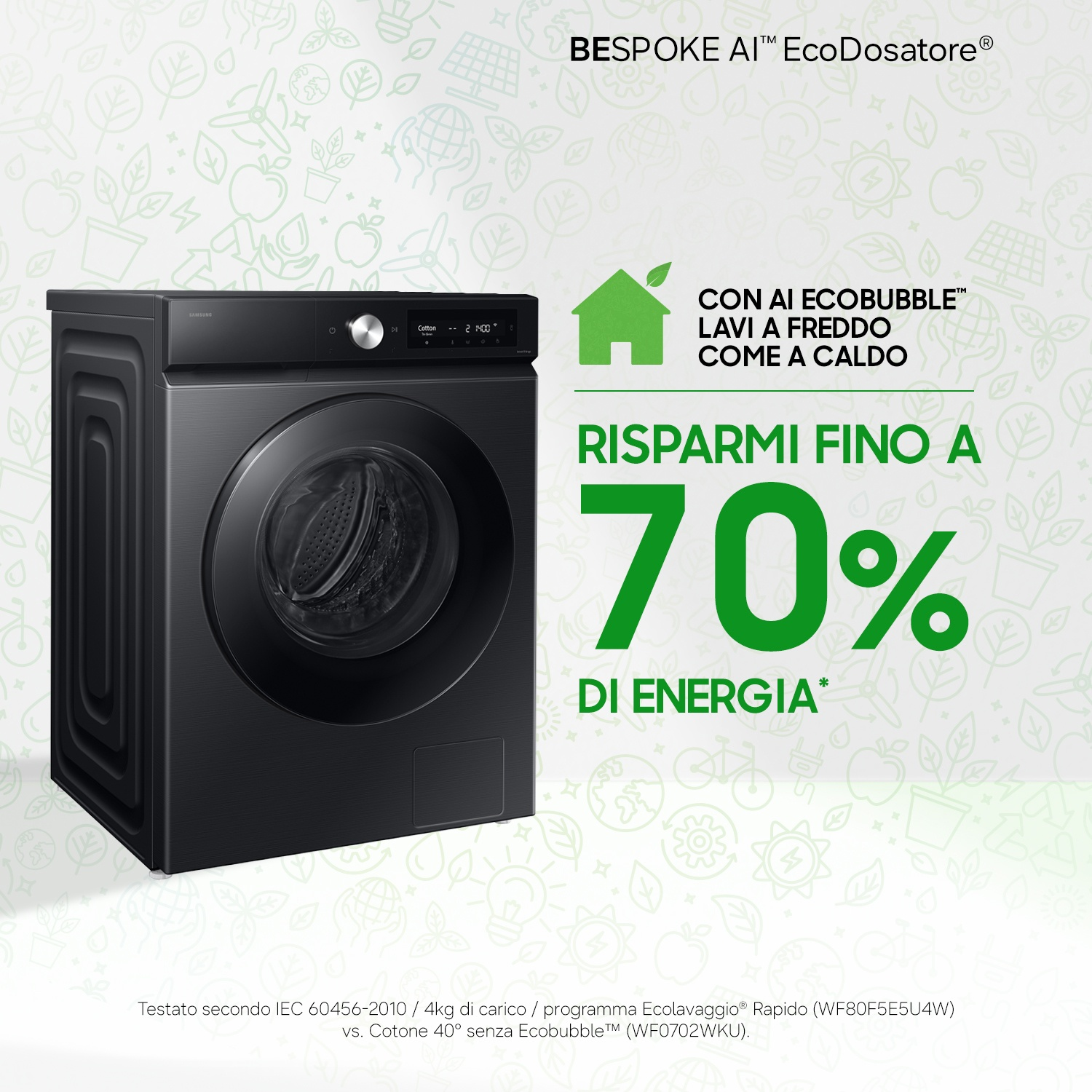 Lavatrice nera con testo sul risparmio fino al 70% di energia.
