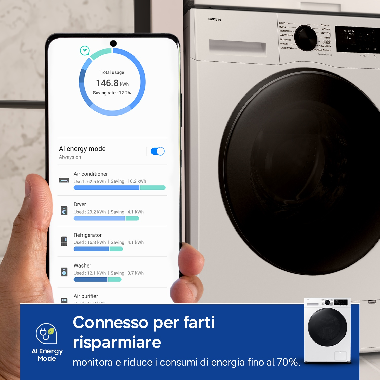Uno smartphone mostra un'app di gestione energetica accanto a una lavatrice.