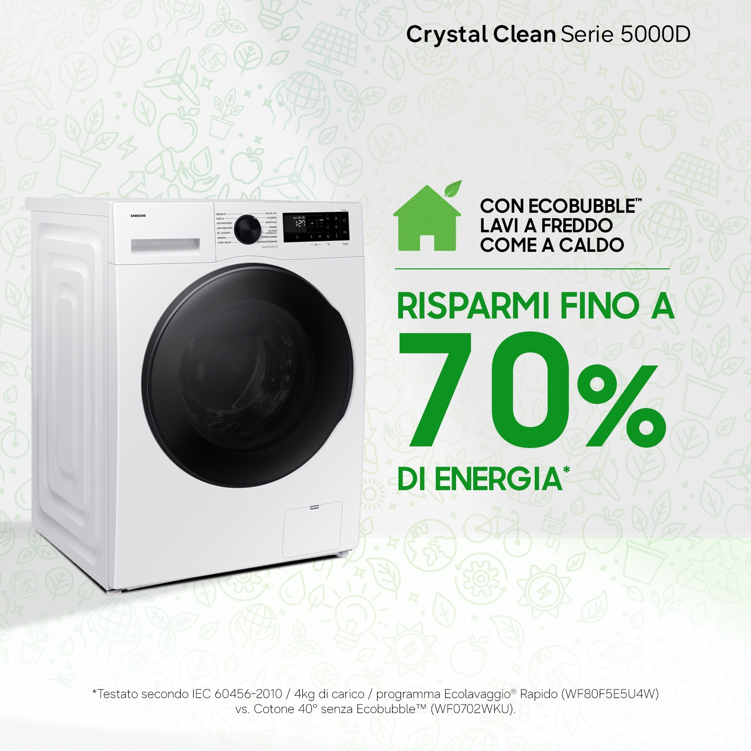 Lavatrice Samsung bianca con tecnologia EcoBubble, risparmia 70% energia.