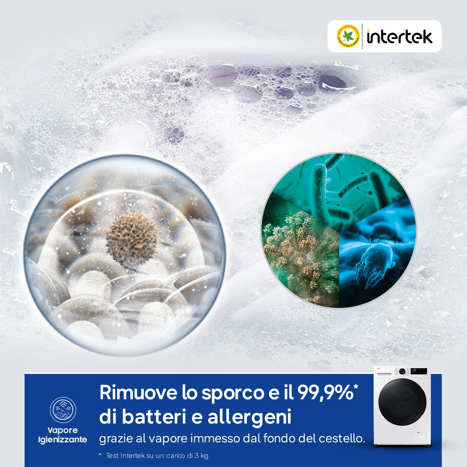 Primo piano di batteri e acari in una bolla, accanto a una lavatrice.