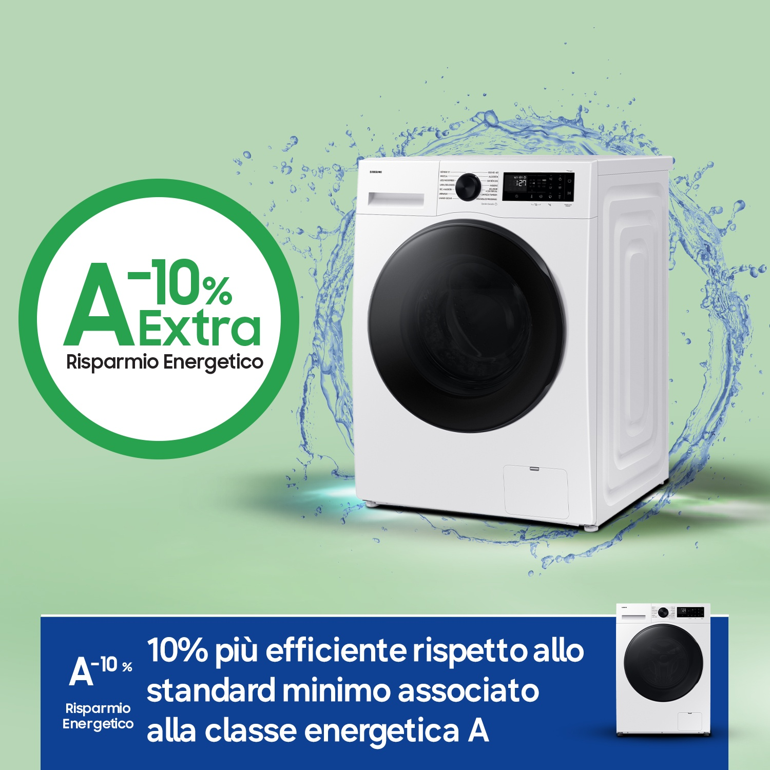 Lavatrice bianca con display digitale circondata da schizzi d'acqua.