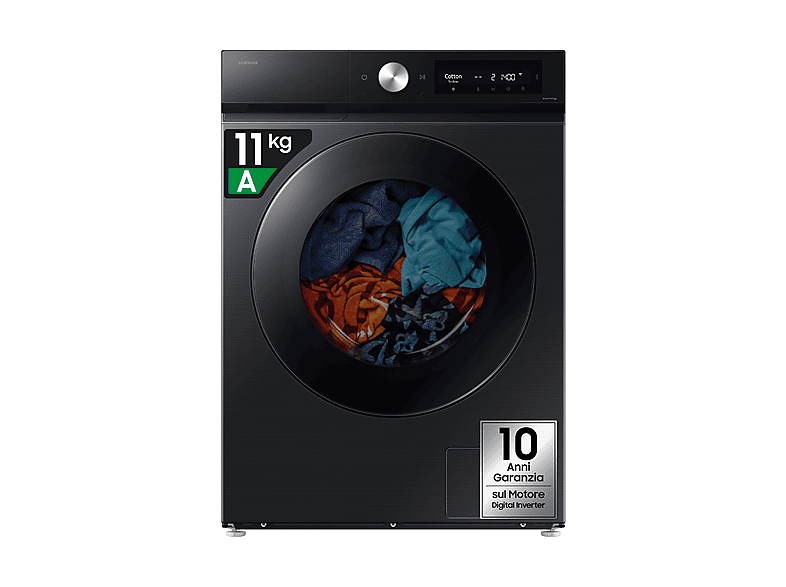 SAMSUNG WD11DB7B85GBU3 LAVASCIUGA, Caricamento frontale, capacità lavaggio 11 kg, asciugatura 6 25 programmi, Profondità 60 cm, Giri 1400 rpm, Nero, Classe D