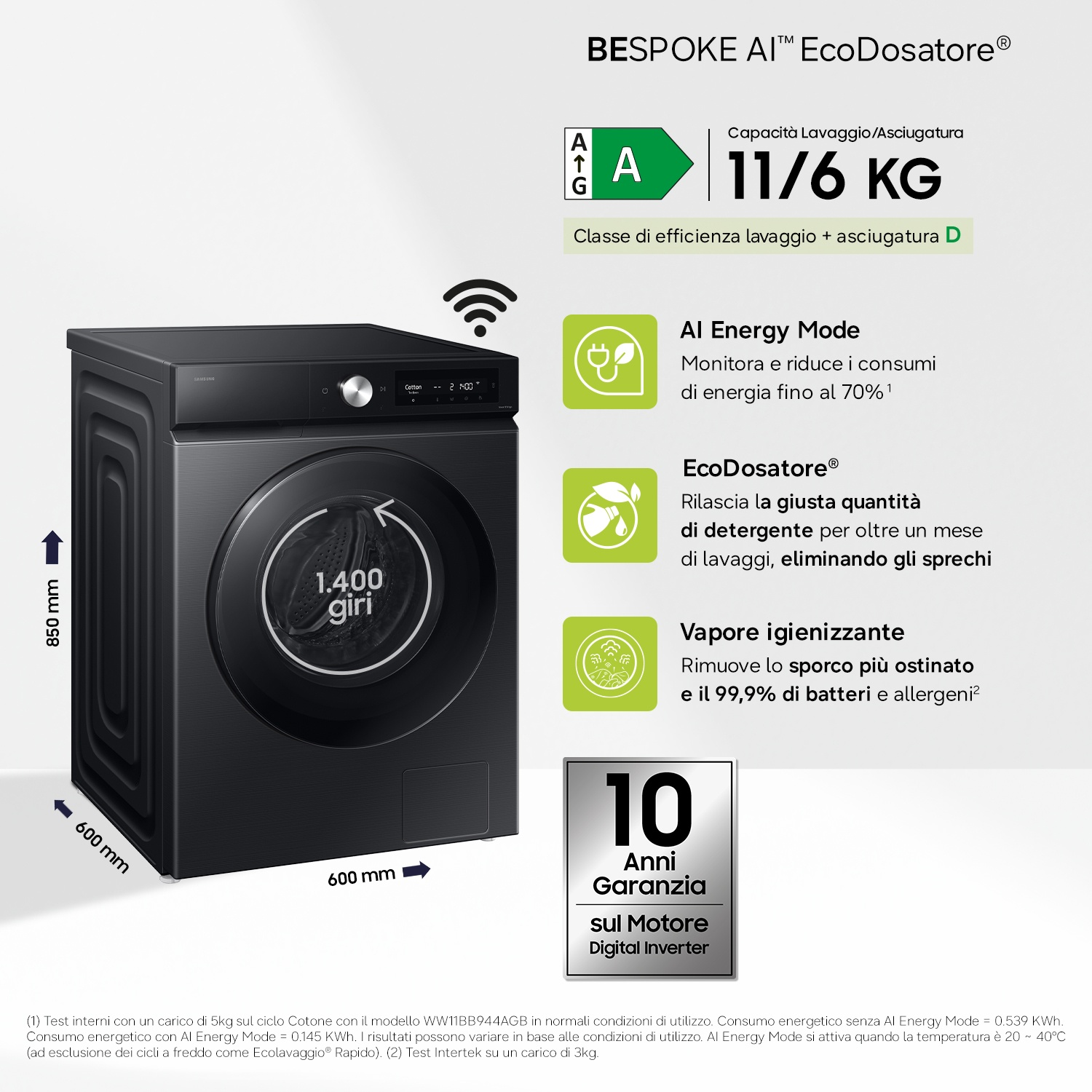 Lavatrice nera con display, etichetta energetica A e capacità 11/6 kg.