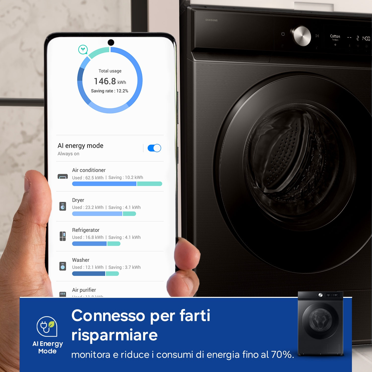 Uno smartphone mostra dati di consumo energetico accanto a una lavatrice nera.
