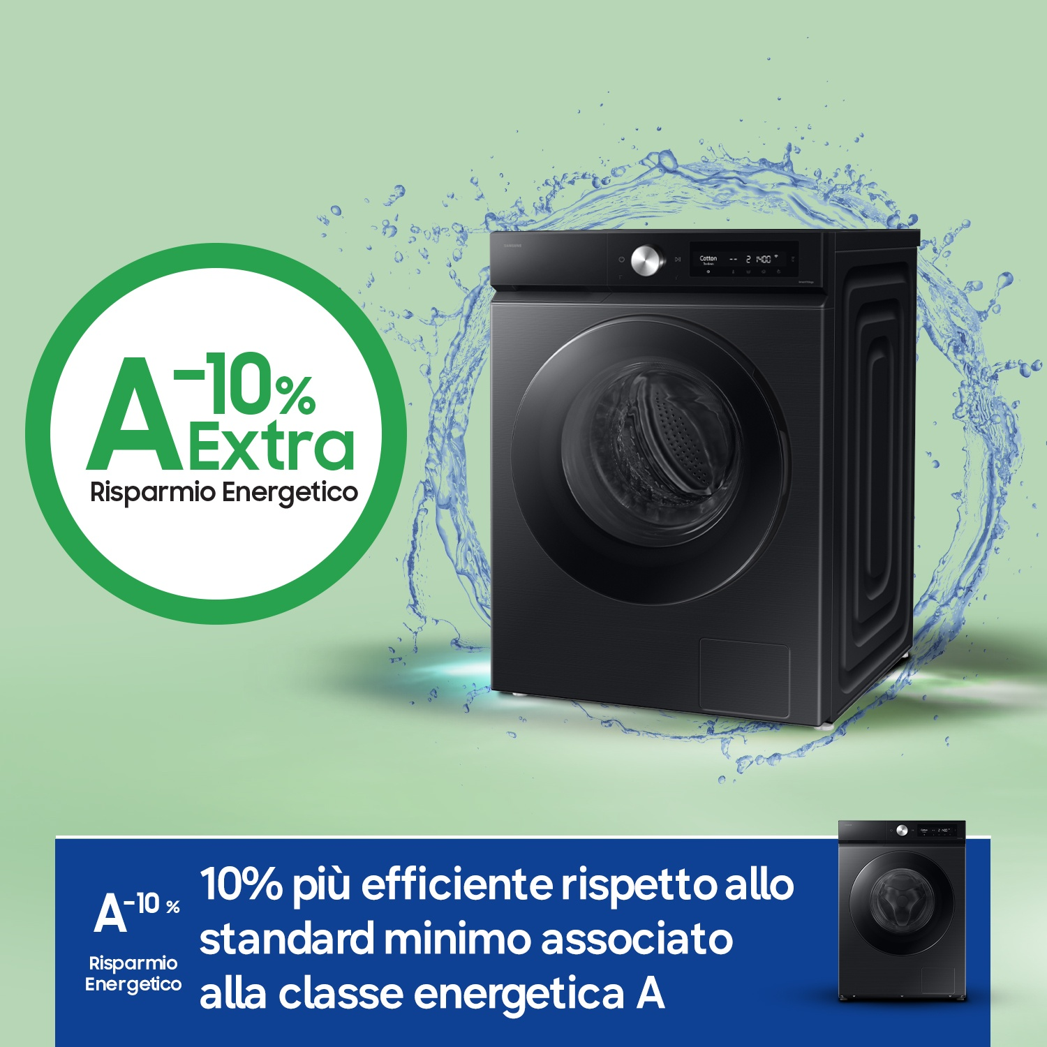 Lavatrice nera con etichetta energetica A-10% e schizzi d'acqua.