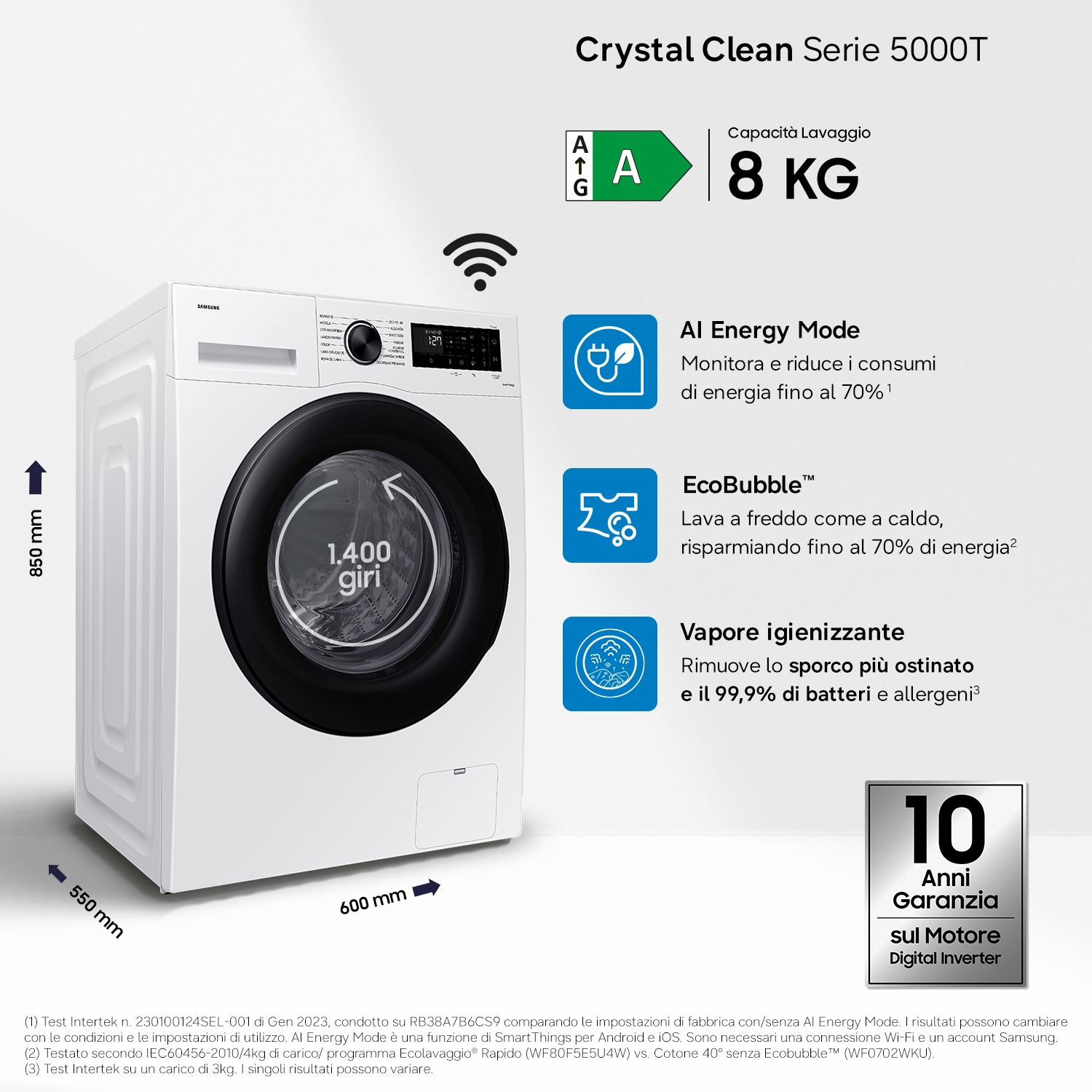Lavatrice Samsung bianca 8kg, classe energetica A, 1400 giri.