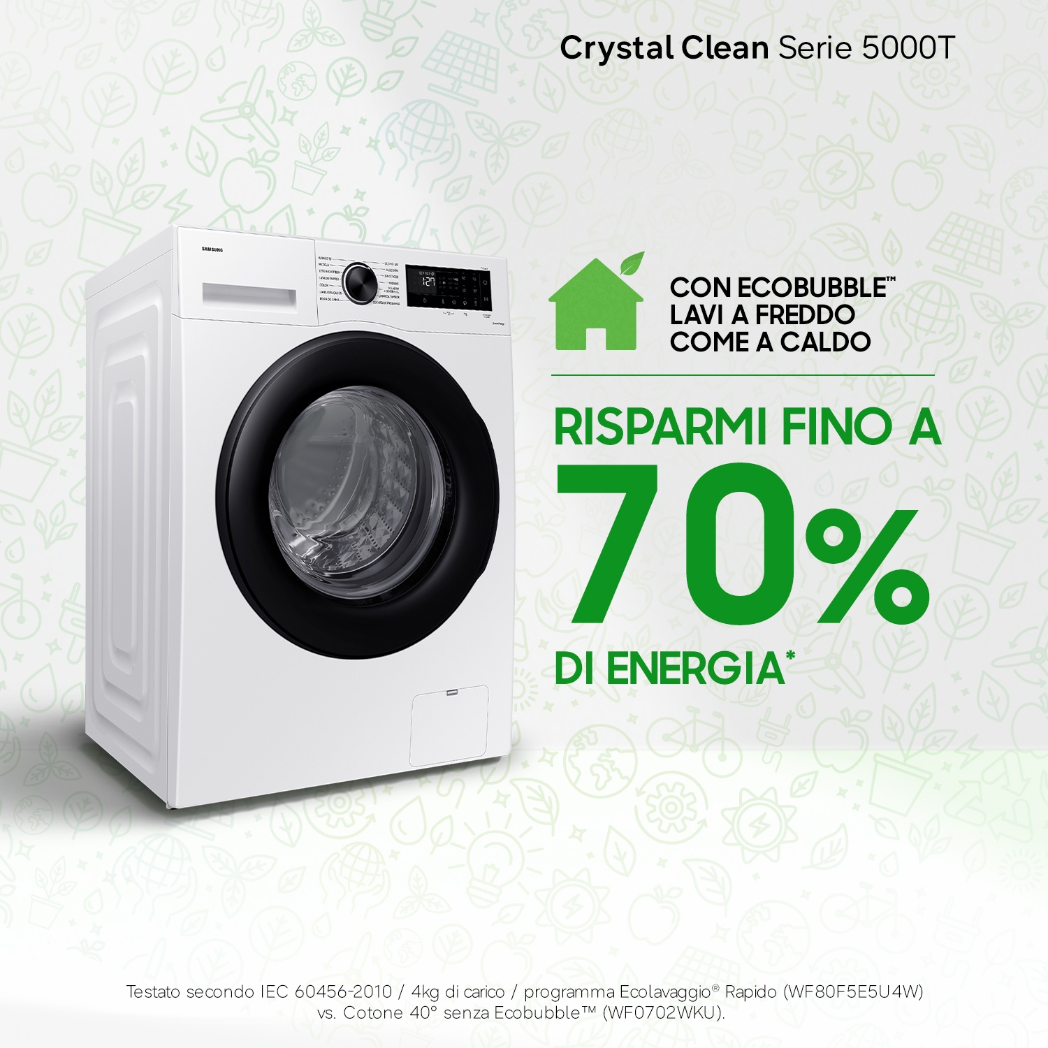 Lavatrice Samsung bianca con oblò nero, risparmia il 70% di energia.