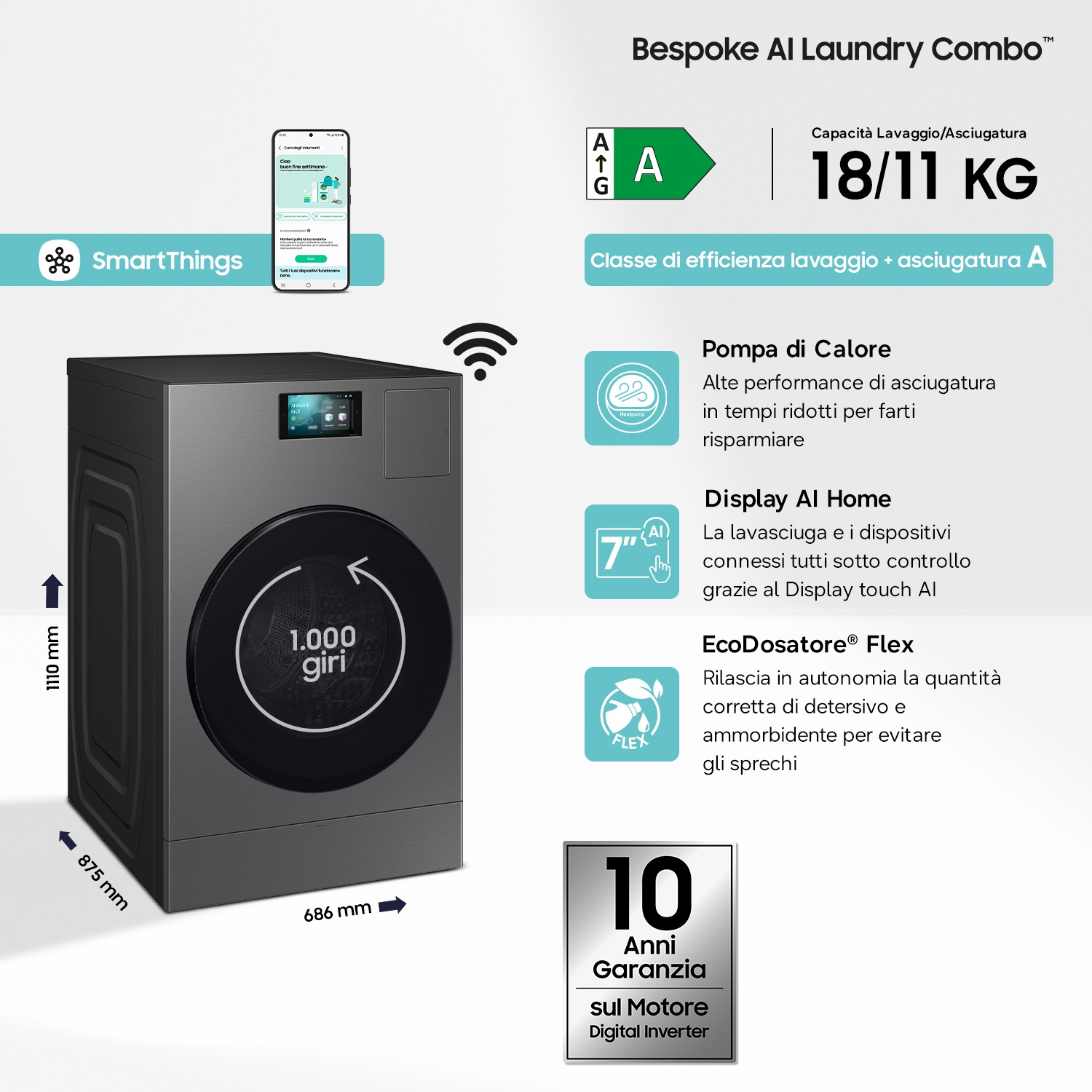 Lavatrice grigio scuro con touchscreen, dimensioni ed etichetta efficienza.