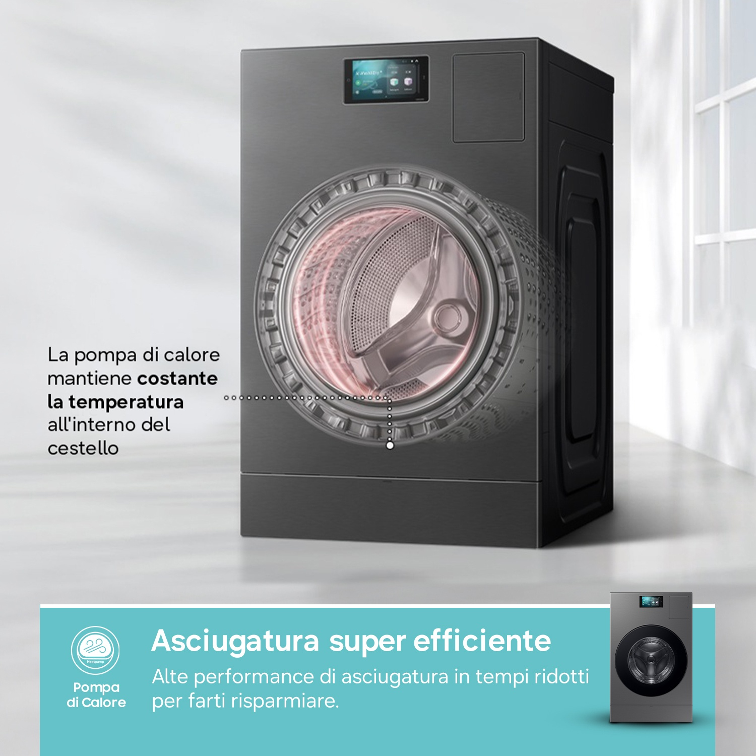 Un'asciugatrice moderna con display e cestello illuminato.