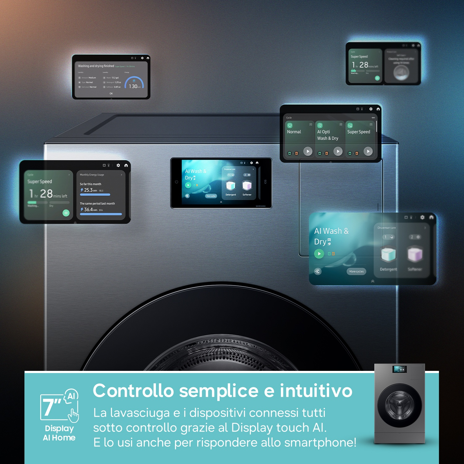 Lavatrice moderna con display touch screen che mostrano vari programmi e statistiche.