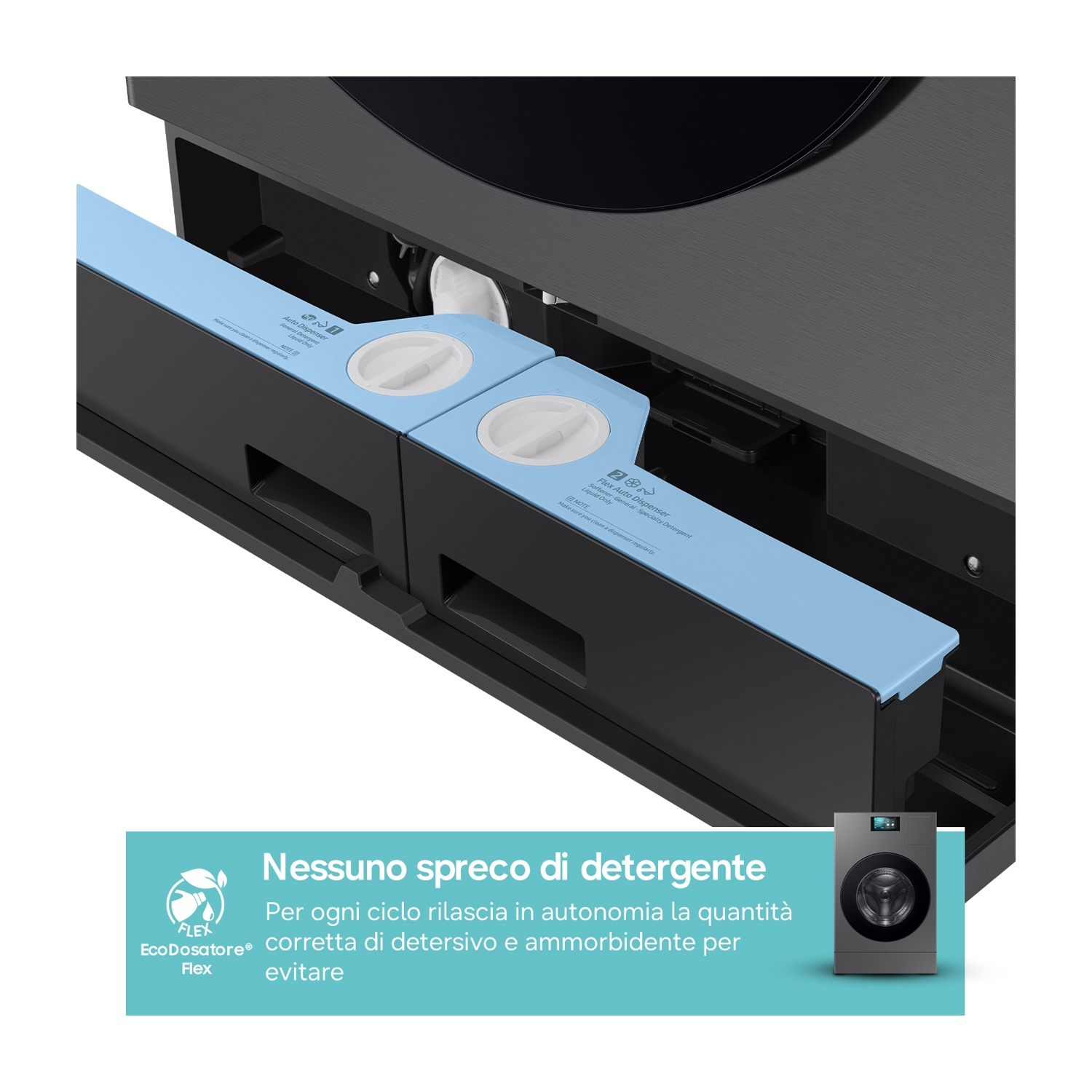 Dispenser detersivo blu con due scomparti e manopole bianche.