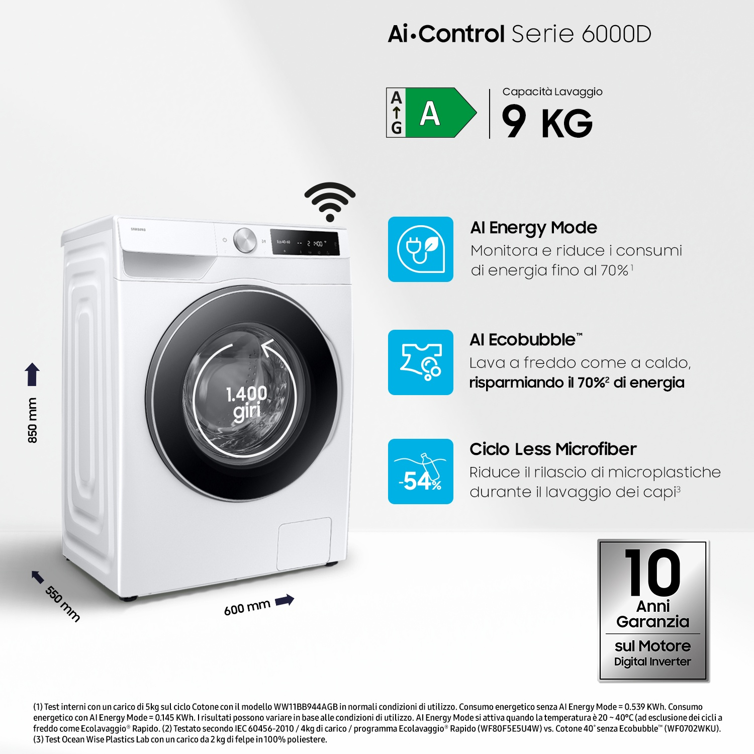 Lavatrice Samsung bianca da 9 kg, classe energetica A.