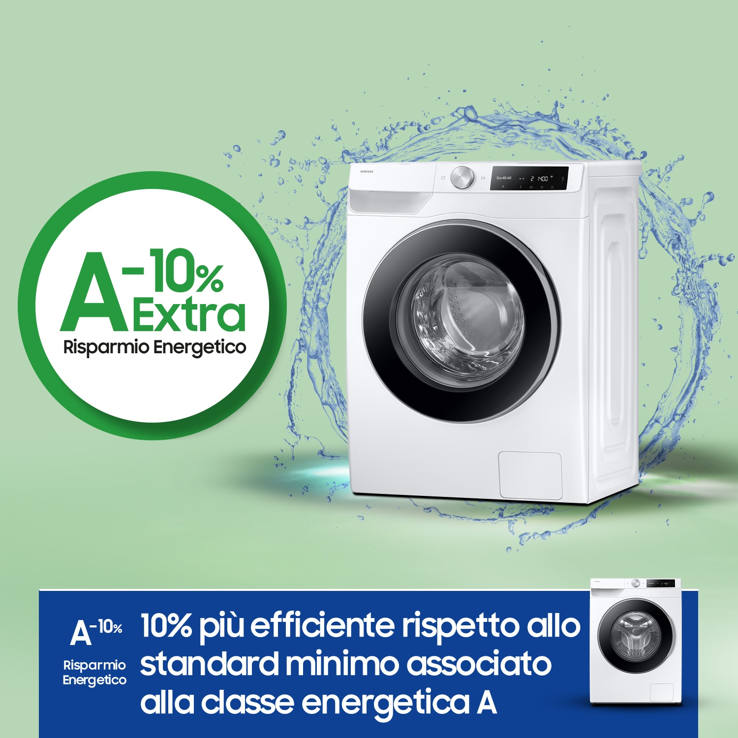 Lavatrice bianca con etichetta di efficienza energetica e spruzzi d'acqua.