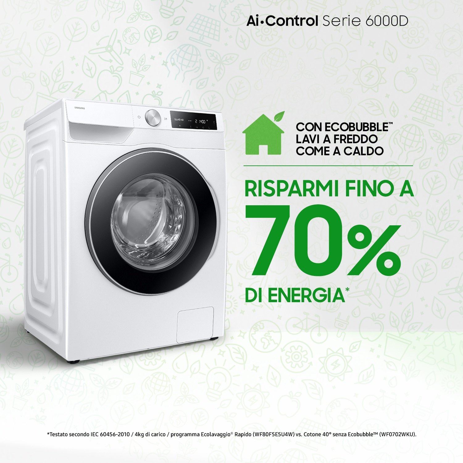 Una lavatrice Samsung bianca con tecnologia EcoBubble, risparmia fino al 70% di energia.