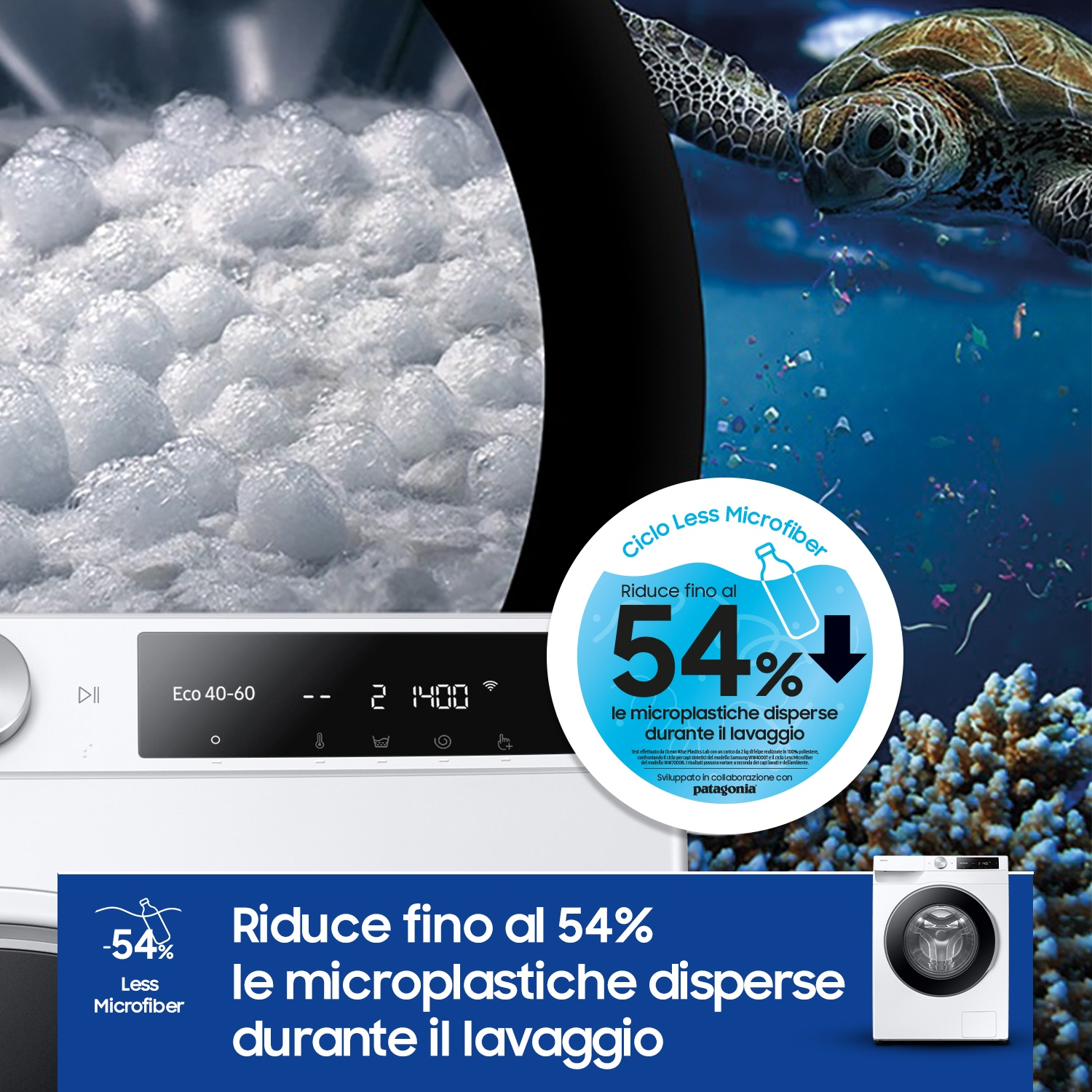 Lavatrice riduce microplastiche 54% in Eco 40-60. Tartaruga nuota nell'oceano.