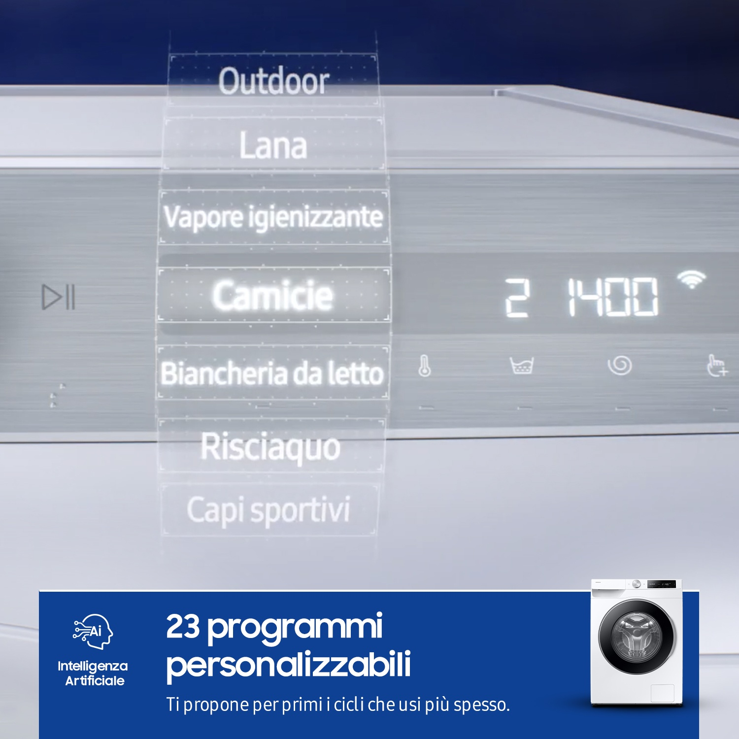 Display lavatrice con programmi: Outdoor, Lana, Vapore, Camicie.