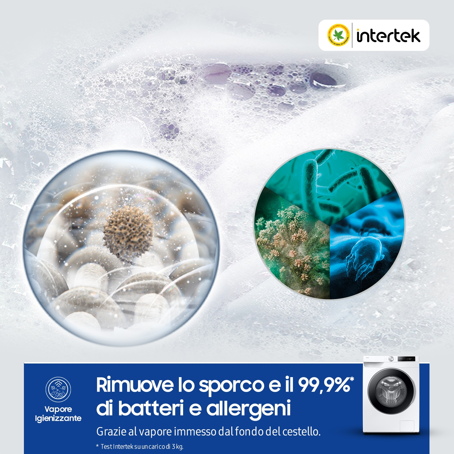 Lavatrice con logo vapore, mostra batteri e acari. Sigillo Intertek.